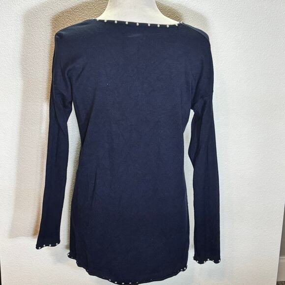 Peck & Peck Navy Pearl Embellished Keyhole Long Sleeve Top Women’s M Rayon - Picture 3 of 6